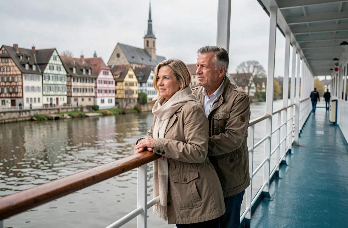 Couple de voyageurs sur le pont d'un bateau de croisière admirant une ville pittoresque au bord du Rhin