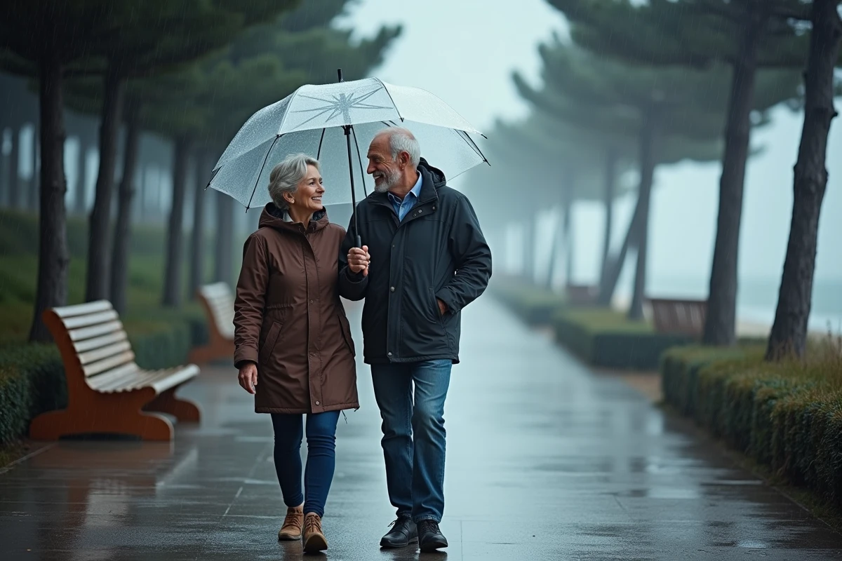 Couple se promenant sous un parapluie transparent sur le bord de mer de Conleau à Vannes par temps de pluie