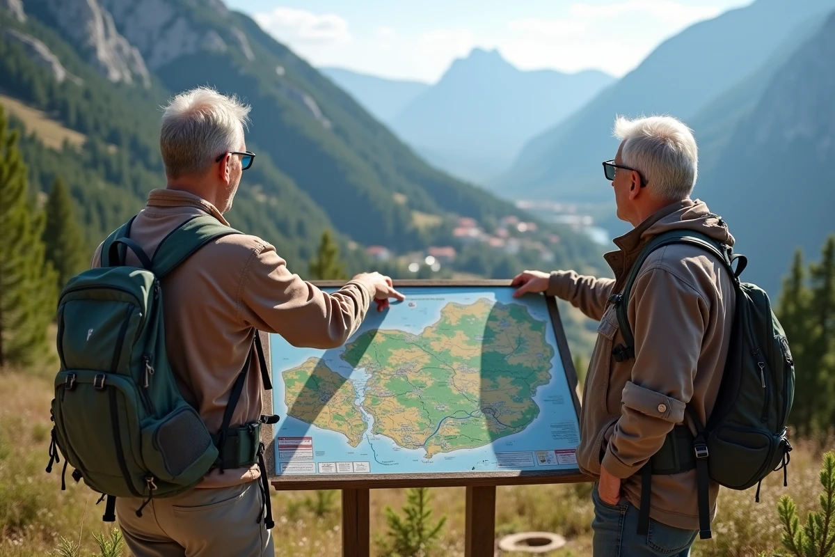 Couple en randonnée pointant une carte dans la nature corse