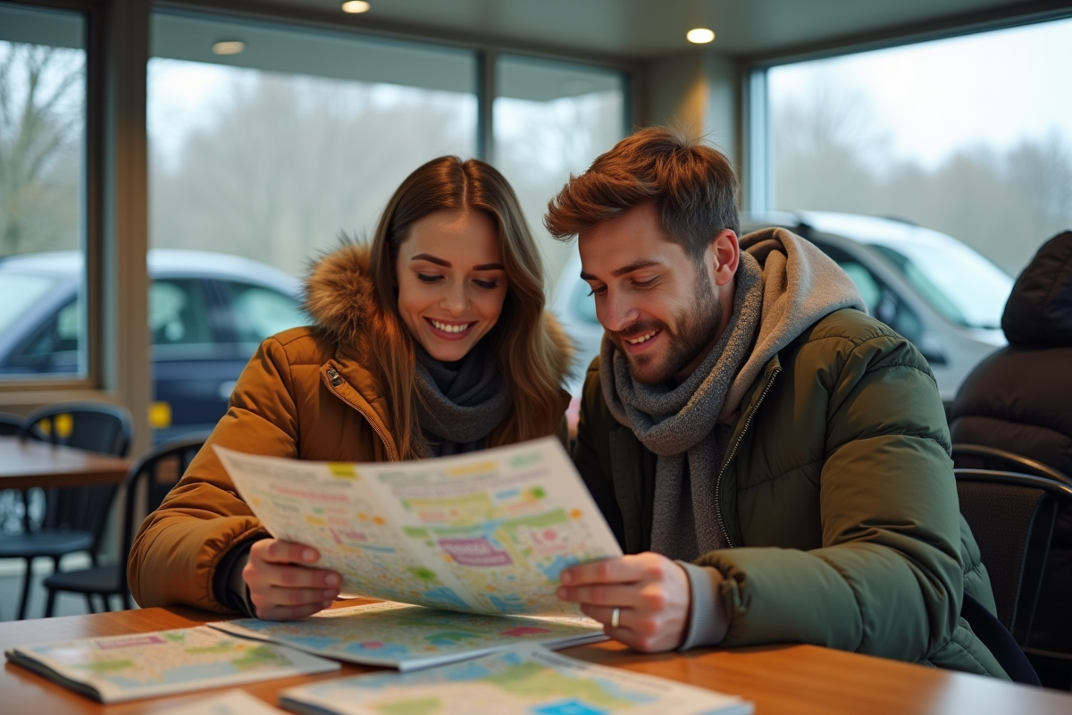 Jeune couple discutant avec carte à un arrêt routier aux Pays-Bas