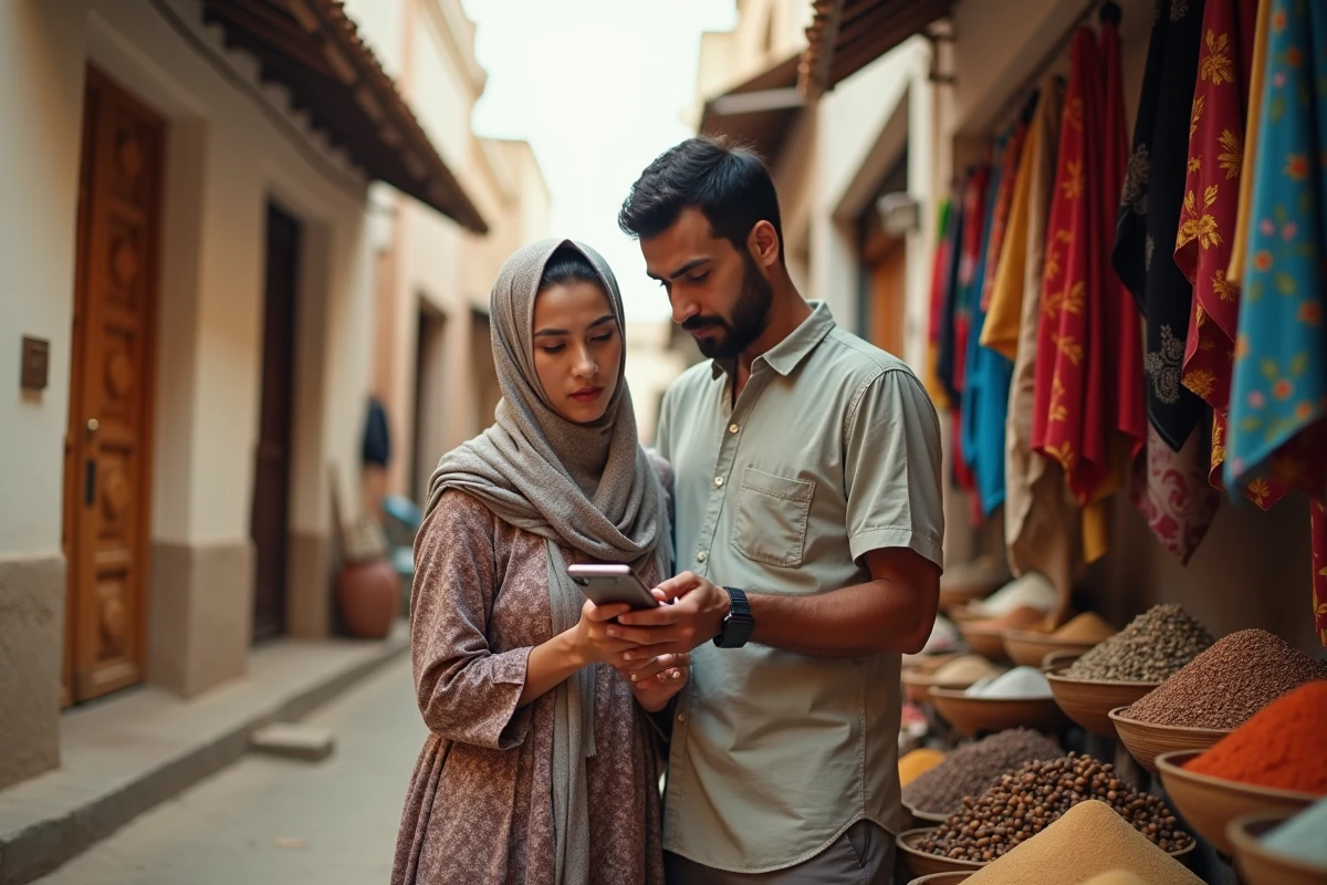 Couple de touristes consultant une application de sécurité voyage dans une ruelle de Stone Town à Zanzibar