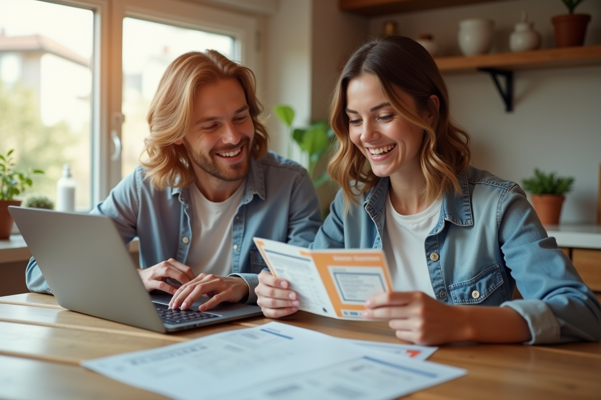 Jeune couple souriant avec vouchers de vacances et confirmation