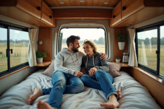 Jeune couple dans un van aménagé en campagne