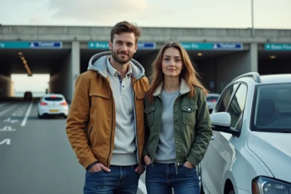 Jeune couple devant leur voiture au tunnel de Folkestone