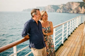 Couple de voyageurs souriants sur le pont d'un bateau de croisière MSC face à la mer Méditerranée
