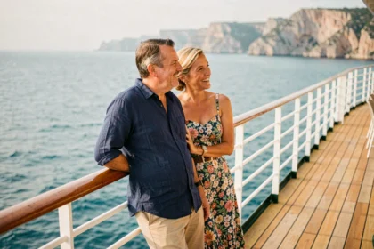 Couple de voyageurs souriants sur le pont d'un bateau de croisière MSC face à la mer Méditerranée