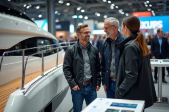 Couple discutant avec un vendeur devant un yacht moderne lors d'un salon nautique