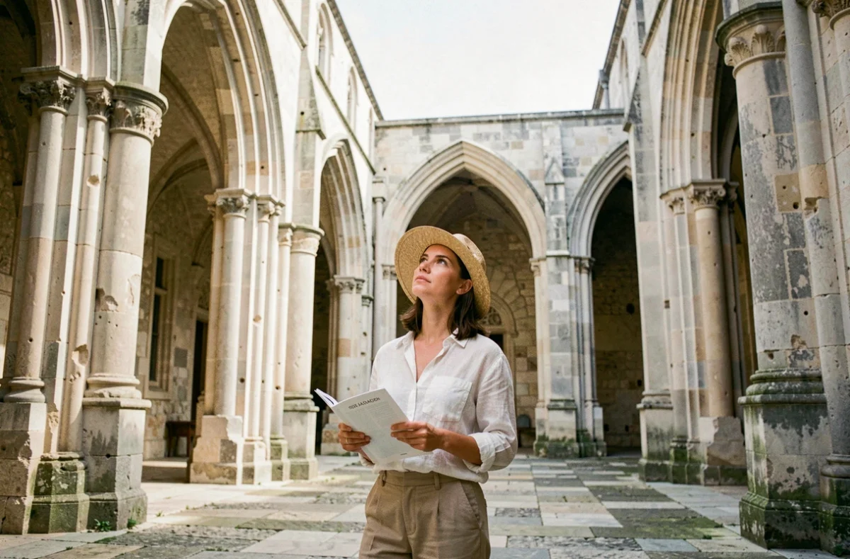 Visiteuse admirant la grande cour intérieure du Palais des Papes d'Avignon avec ses arches gothiques en pierre