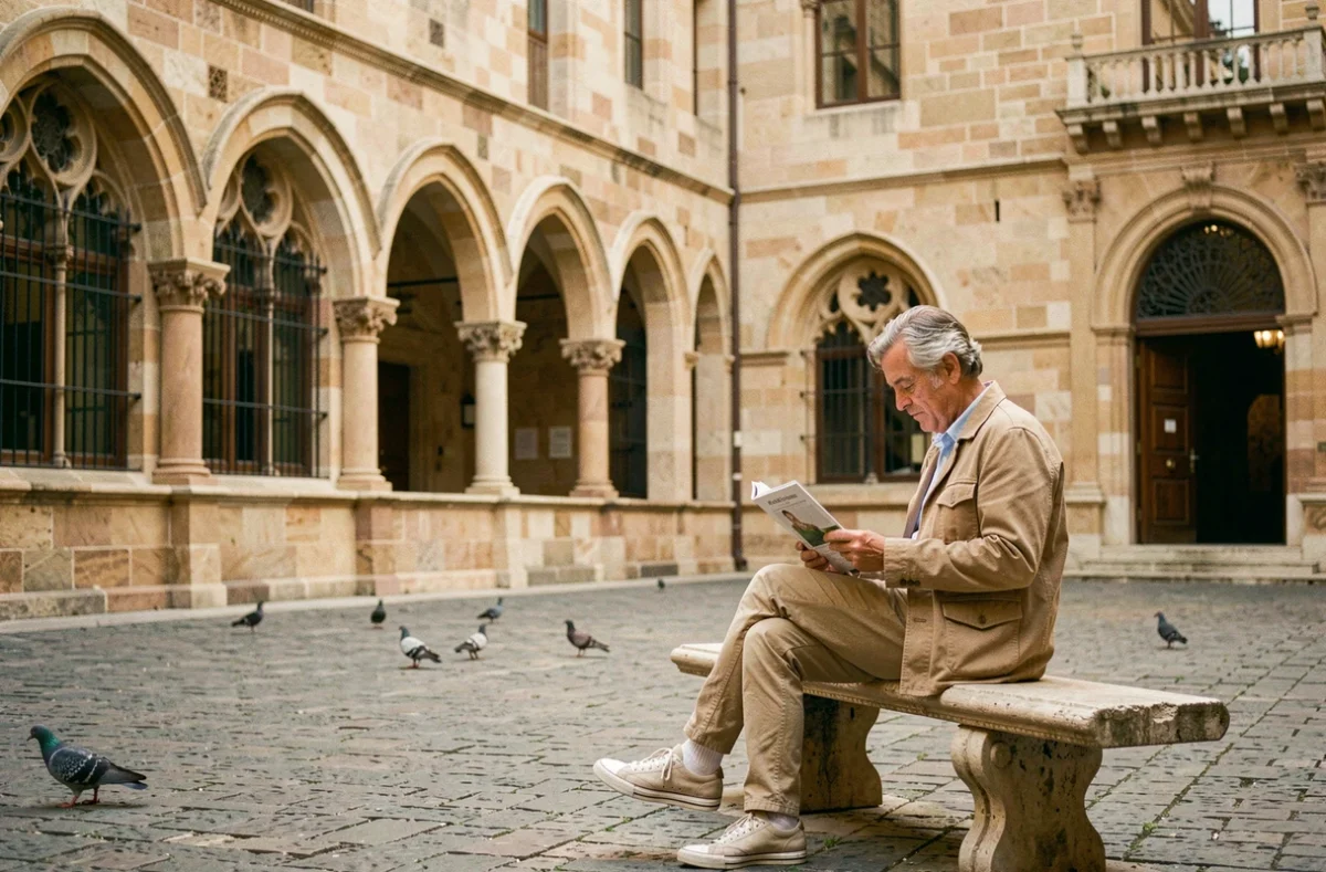 Visiteur lisant un guide touristique dans la cour calme du Palais des Normands à Palerme