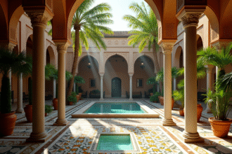 Cour intérieure luxueuse de La Mamounia à Marrakech avec mosaïques et palmiers