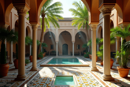 Cour intérieure luxueuse de La Mamounia à Marrakech avec mosaïques et palmiers