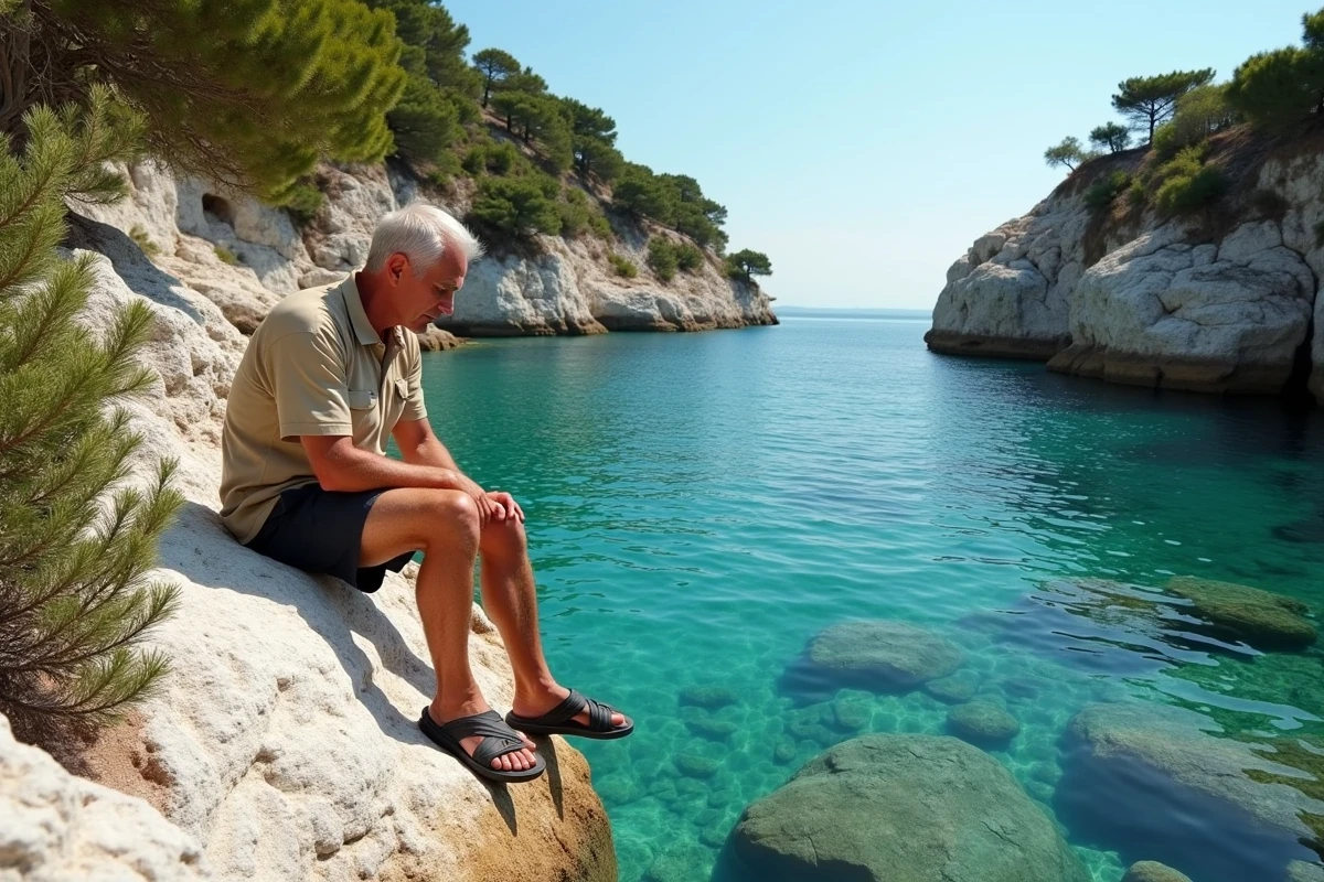 Homme se reposant sur les rochers de l'île de Lokrum avec une crique naturelle en Croatie
