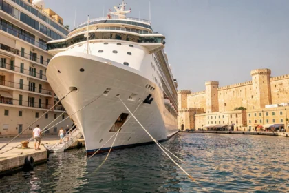 Bateau de croisière amarré dans le Grand Port de La Valette avec les remparts historiques de Malte en arrière-plan