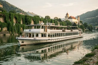 Bateau de croisière fluviale naviguant sur le Rhin avec châteaux et vignobles en arrière-plan