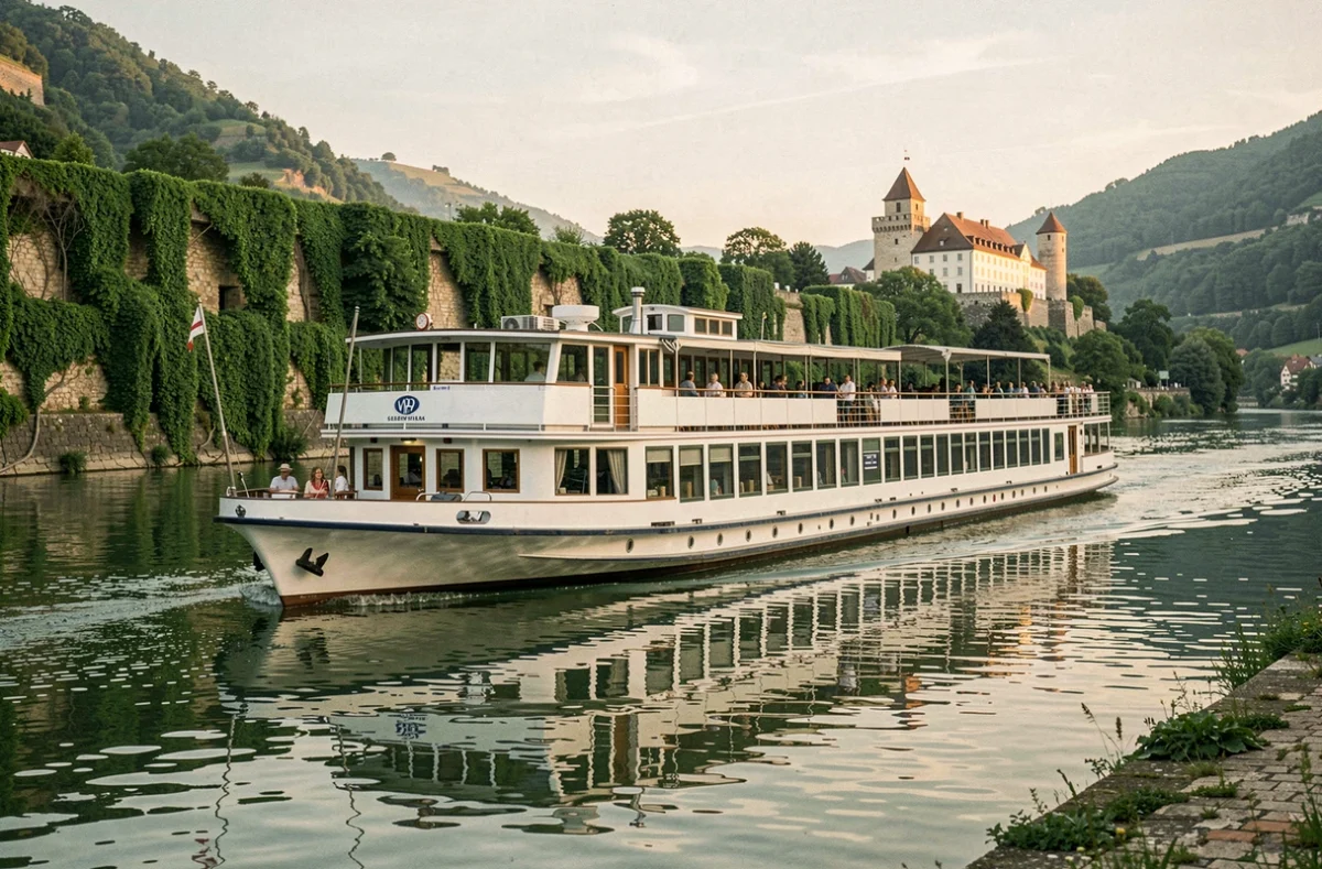 Bateau de croisière fluviale naviguant sur le Rhin avec châteaux et vignobles en arrière-plan