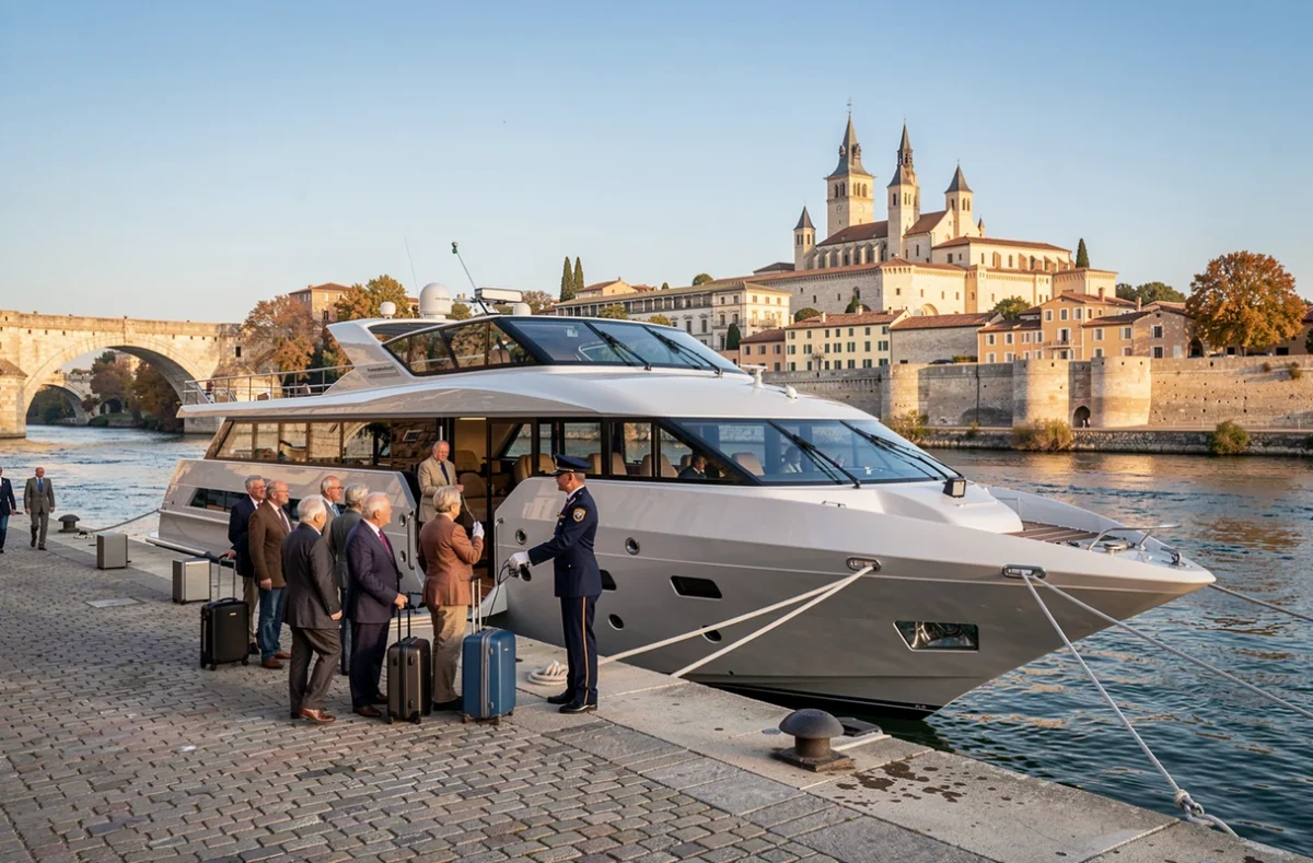 Croisière fluviale de luxe amarrée à Avignon avec le Pont Saint-Bénézet et le Palais des Papes en arrière-plan