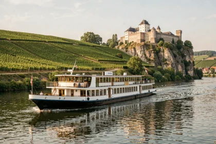 Bateau de croisière naviguant sur le fleuve Rhin avec un château médiéval et des vignobles en arrière-plan en Allemagne
