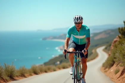 Cycliste en jersey turquoise pédalant sur une piste côtière à Malaga avec la mer Méditerranée en arrière-plan