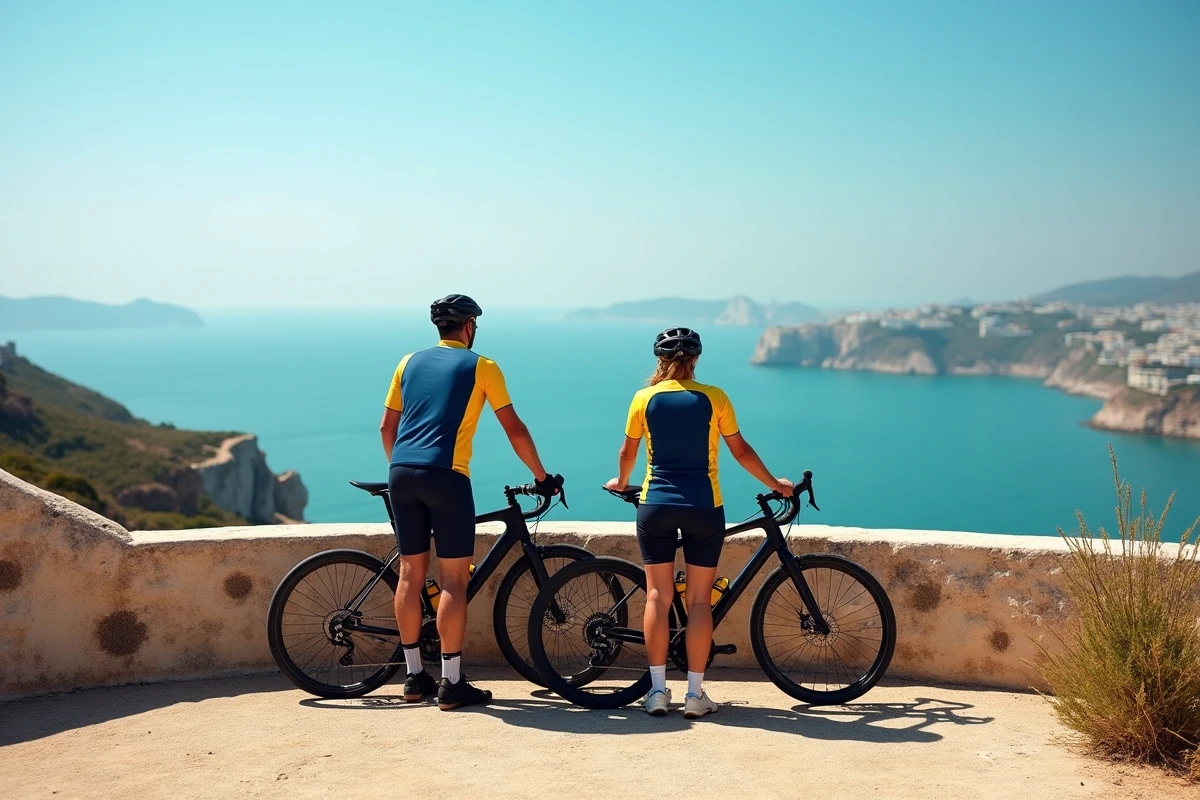 Deux cyclistes au belvédère côtier admirant le panorama de la Costa del Sol et Malaga depuis un mirador
