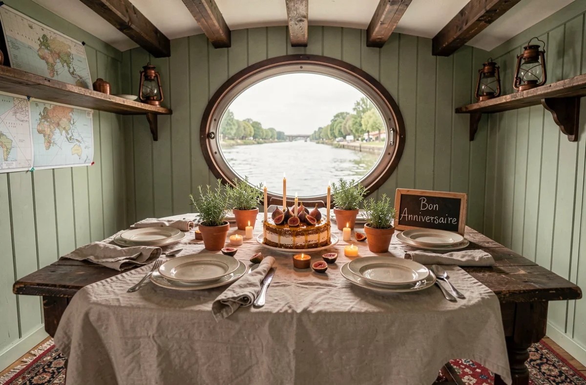 Table d'anniversaire décorée à l'intérieur d'une péniche traditionnelle à Toulouse avec vue sur la Garonne