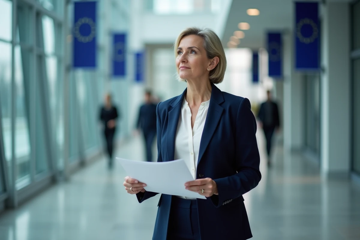 Femme politique européenne dans un couloir institutionnel tenant un document sur la législation tabac, évoquant les directives européennes anti-tabac