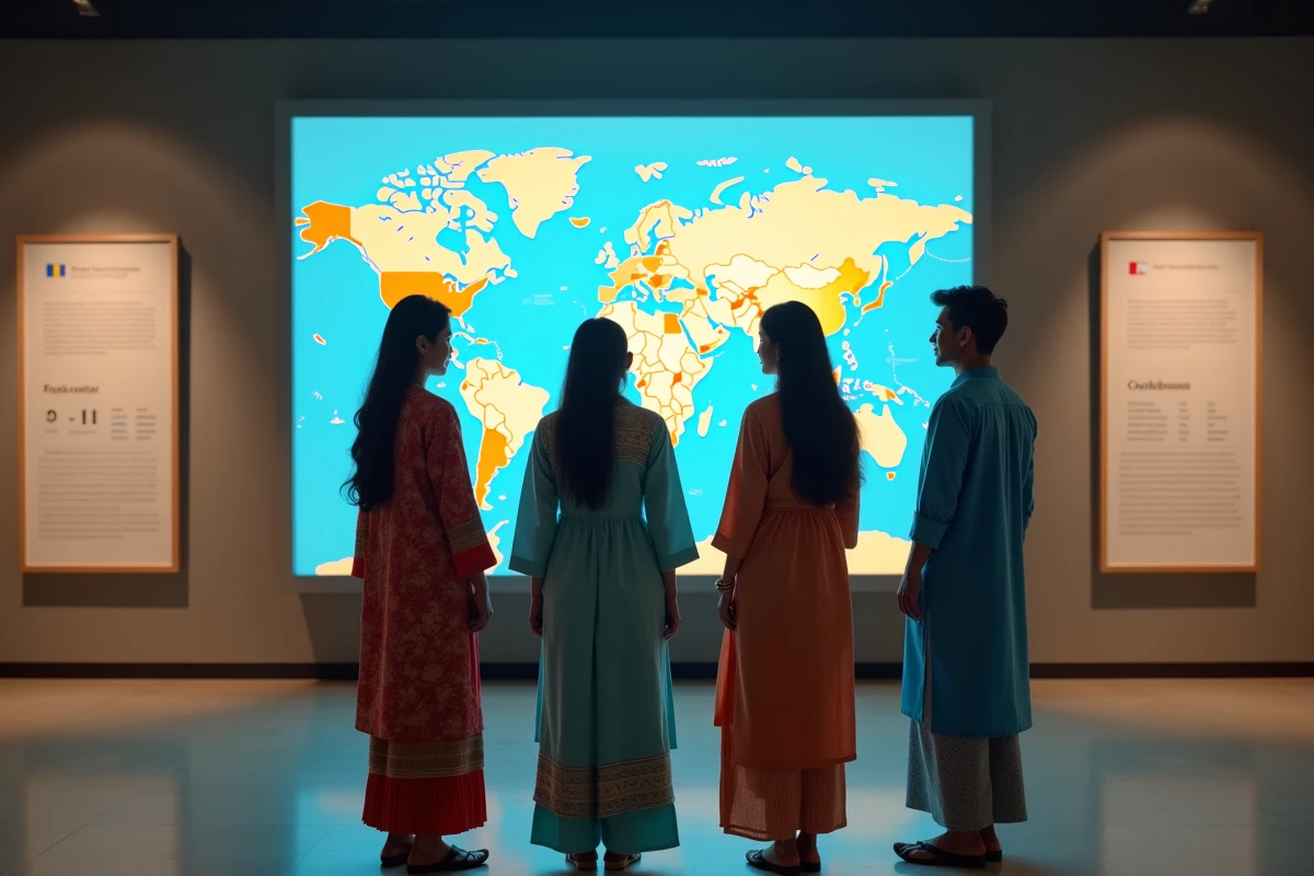 Groupe de personnes représentant différentes cultures asiatiques devant une carte murale des pays d'Asie dans un musée