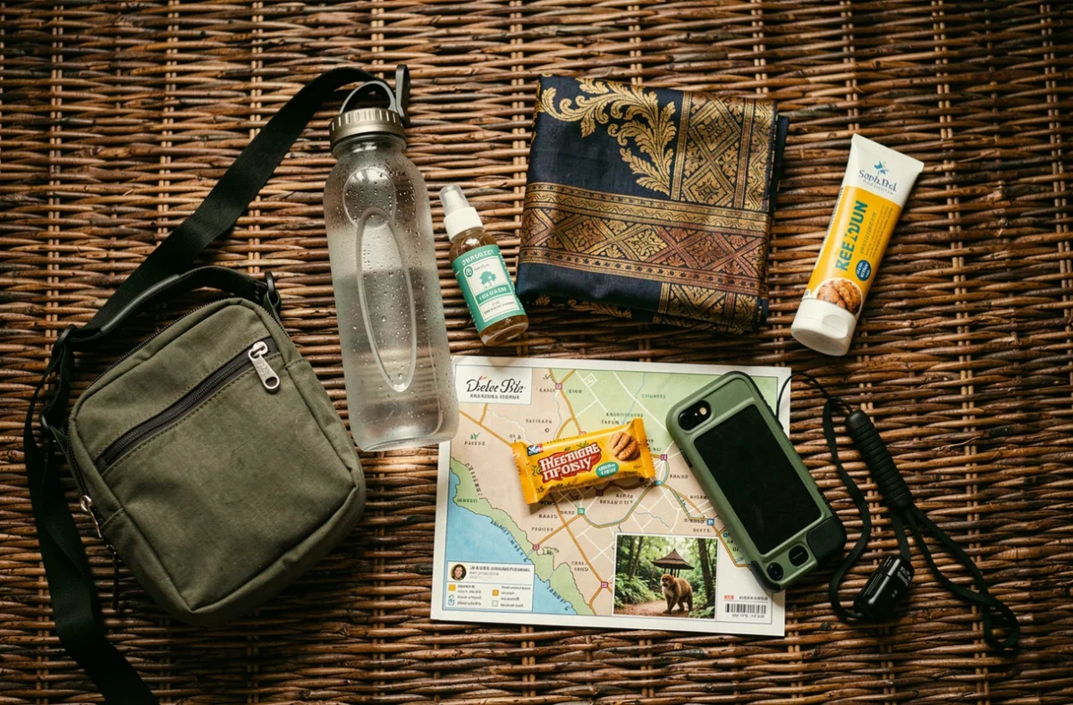 Flat lay des essentiels à emporter dans son sac pour visiter le Monkey Forest de Bali : gourde, répulsif, sarong balinais, crème solaire et sac bandoulière zippé