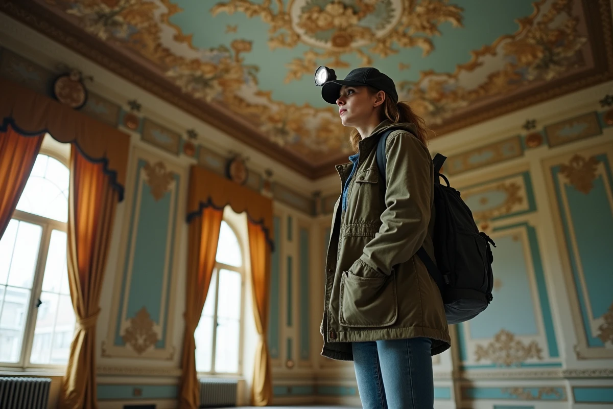 Exploratrice urbaine dans un grand hôtel abandonné au décor délabré, fresques fissurées et parquet gondolé, atmosphère mystérieuse de ville fantôme