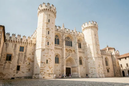 Façade extérieure monumentale du Palais des Papes d'Avignon avec ses tours gothiques en calcaire et des visiteurs sur la place du Palais