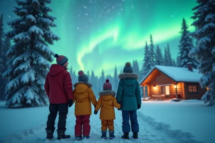Famille en hiver regardant l'aurore boréale en Finlande