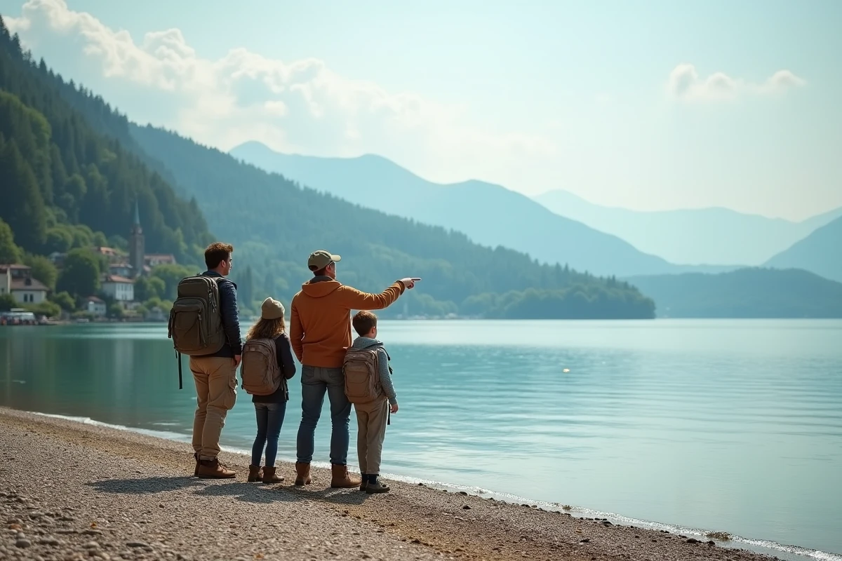 Famille au bord du Lac du Bourget à Aix-les-Bains illustrant la longueur et la largeur impressionnantes du lac