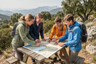 Famille consultant une carte topographique lors d'une balade en pleine nature dans le nord de la Corse