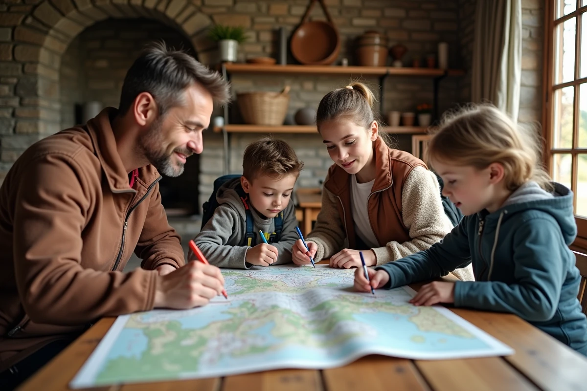 Famille de quatre autour d'une table avec cartes et guides de voyage