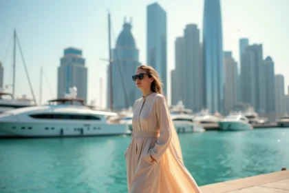 Femme élégante en abaya près de Dubai Marina