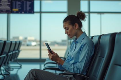 Jeune femme d'affaires activant le mode avion dans un aéroport