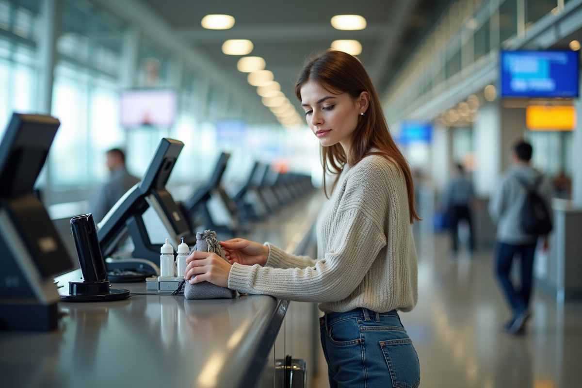Femme à l'aéroport déposant une trousse de voyage