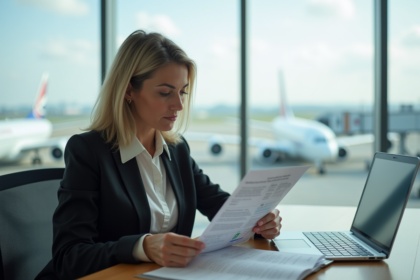 Femme d'affaires vérifiant documents avec carte santé en aéroport