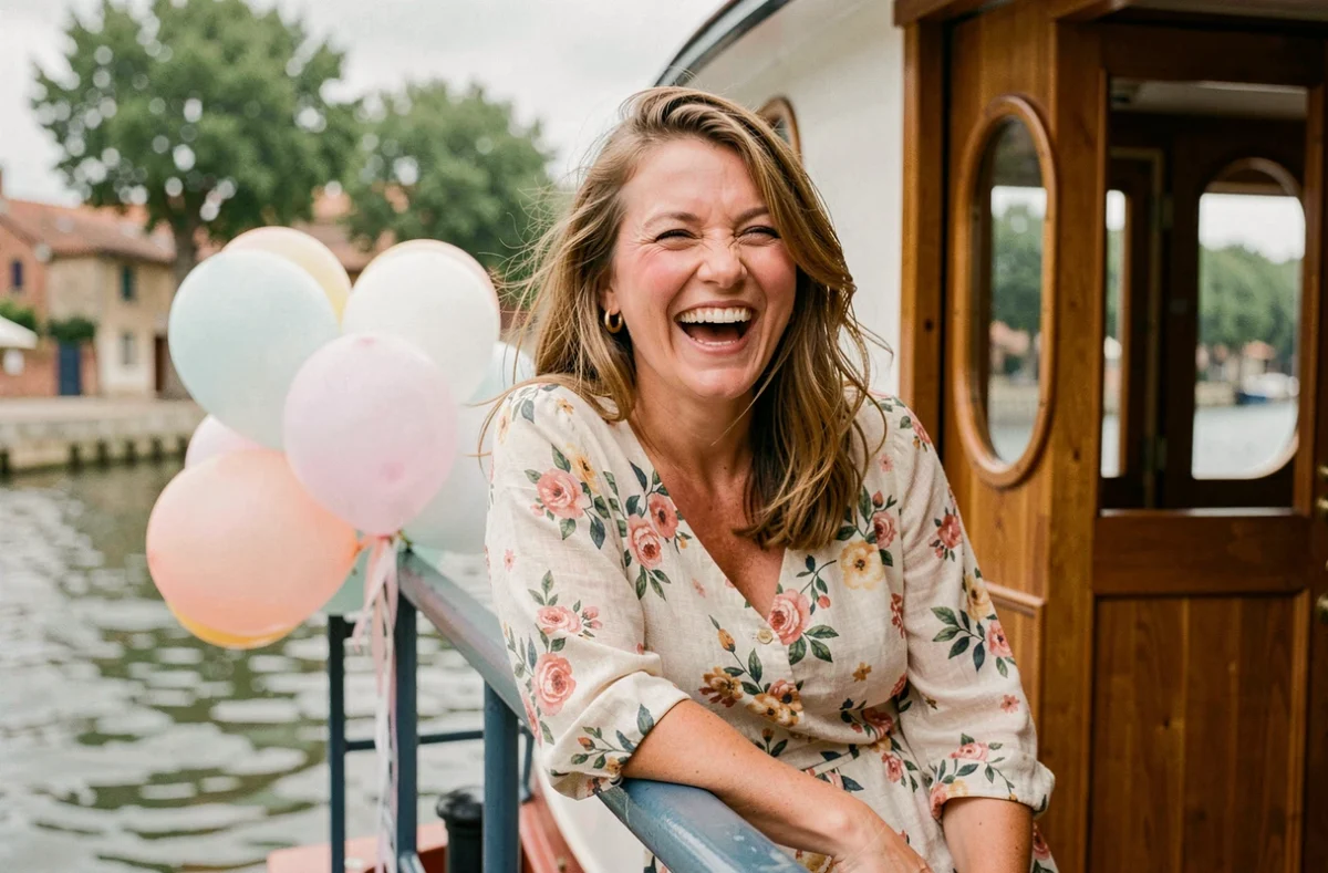 Femme souriante appuyée sur le bastingage d'une péniche à Toulouse pour un anniversaire entre amis