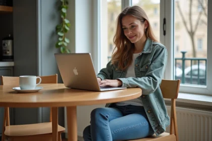 Jeune femme souriante utilisant son ordinateur à la maison
