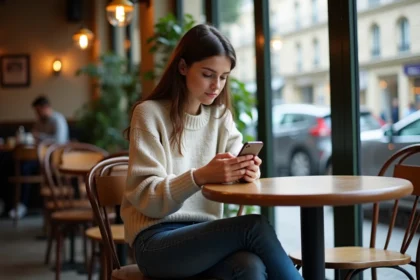 Jeune femme dans un café parisien regardant son téléphone
