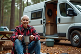 Femme souriante préparant du café devant son van en automne