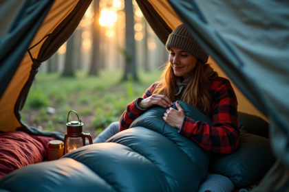 Jeune femme préparant son sac de couchage en camping
