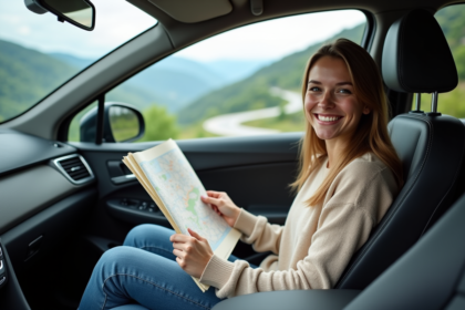 Jeune femme dans une voiture en montagne avec carte