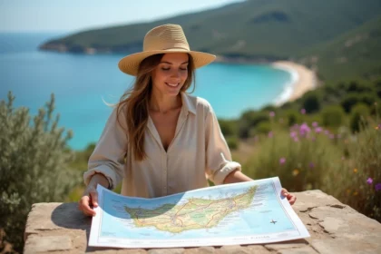 Jeune femme examine une carte de Corse sur une terrasse en plein air