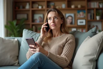 Femme d'âge moyen dans un salon cosy parlant au téléphone