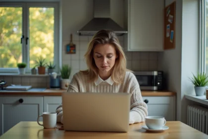 Femme pensant devant son ordinateur dans la cuisine