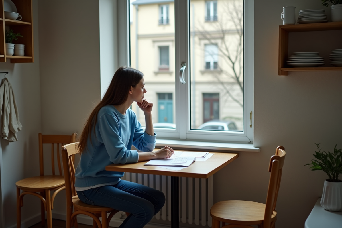 Femme assise à la cuisine pensant près de la fenêtre