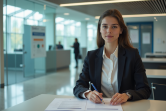 Jeune femme en tenue professionnelle examine des documents au bureau de visa