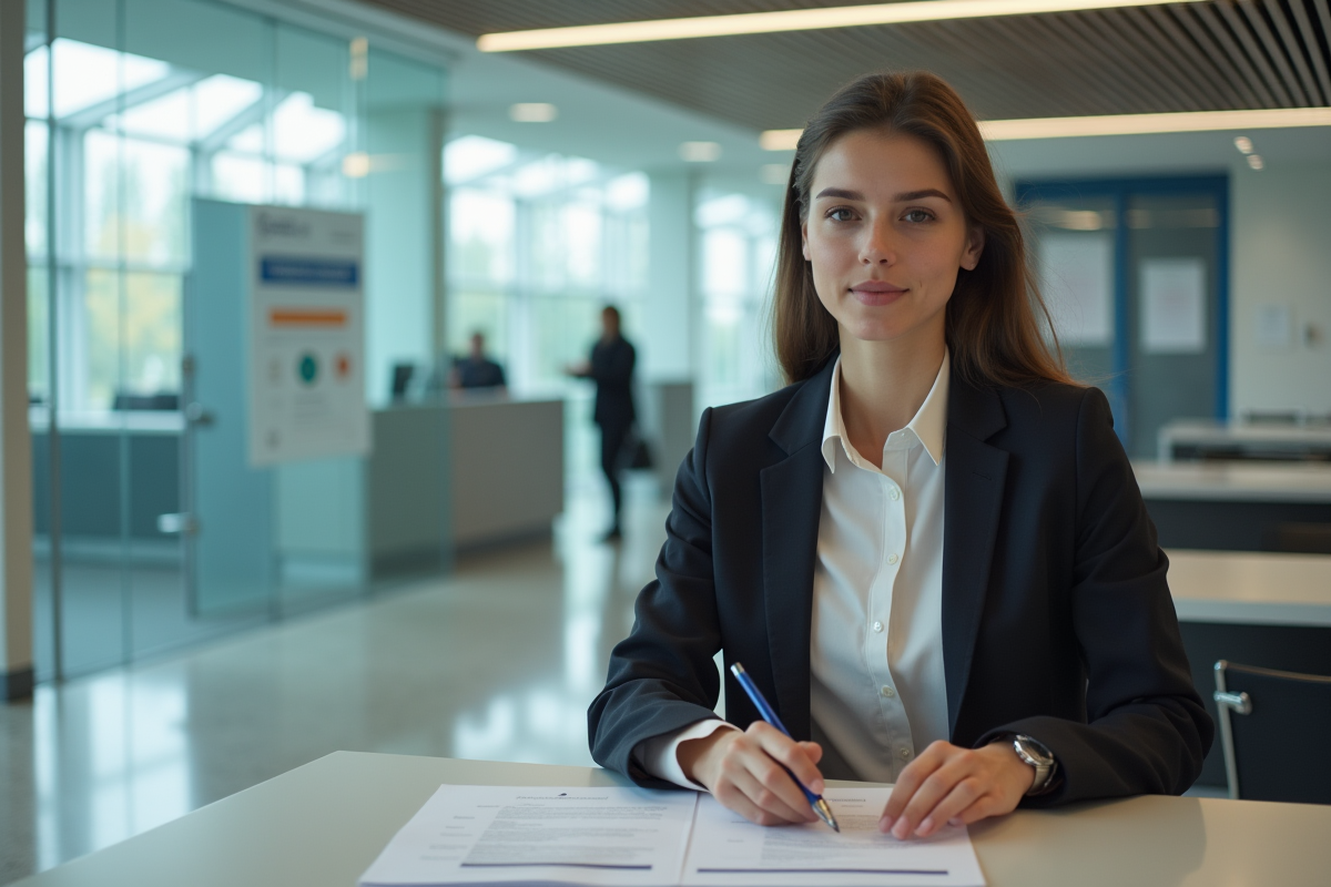 Jeune femme en tenue professionnelle examine des documents au bureau de visa