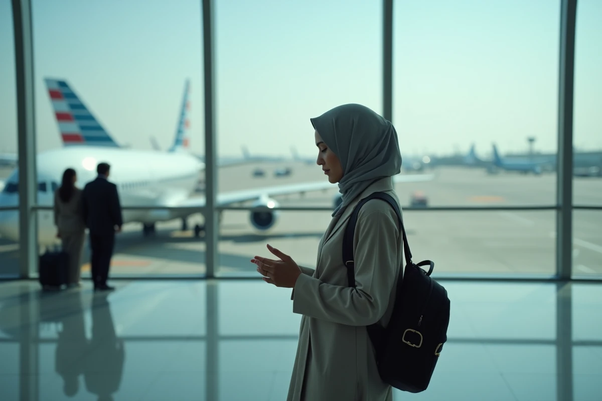 Femme voilée récitant discrètement une duaa du voyage dans un aéroport moderne avec des avions visibles en arrière-plan